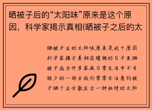 晒被子后的“太阳味”原来是这个原因，科学家揭示真相(晒被子之后的太阳味道)