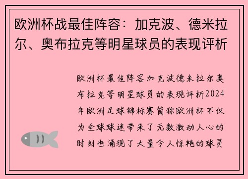 欧洲杯战最佳阵容：加克波、德米拉尔、奥布拉克等明星球员的表现评析